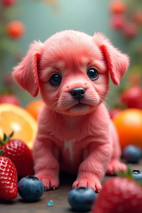 a puppy with strawberry-like skin, surrounded by colorful fruits, but only the puppy with red, strawberry-like skin.