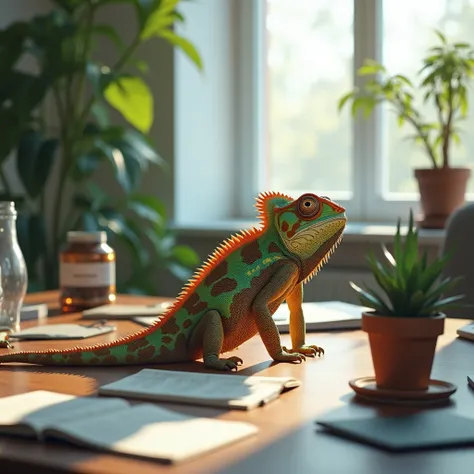  A chameleon amidst the objects of a modern office, he camouflages himself and adapts to the objects around him . Its a modern room , Very bright .  Daylight goes through the glass window . realistic photograph.