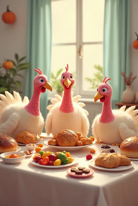 3 turkeys pastel colors sitting at a table full of foid