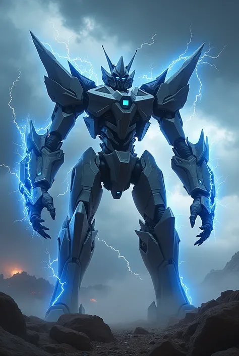  a realistic photo of an electrified robot with bright blue circuits ,  crackling rays around the body and sharp, angular limbs that glow with energy, in a stormy sky 