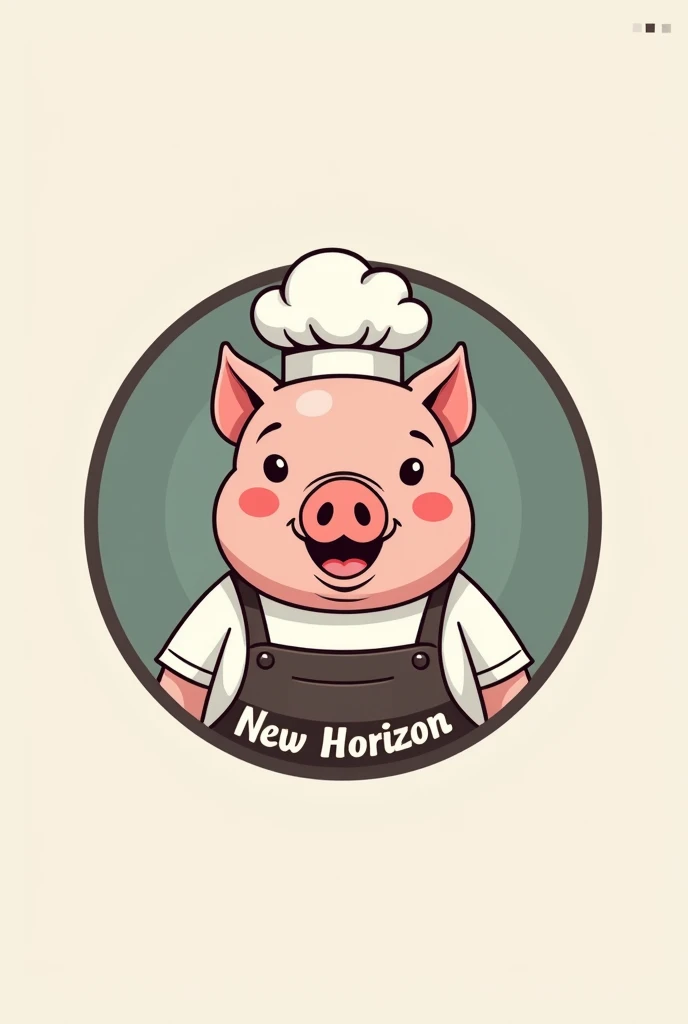 Make a circular circular logo that says New Horizon with a chef pig