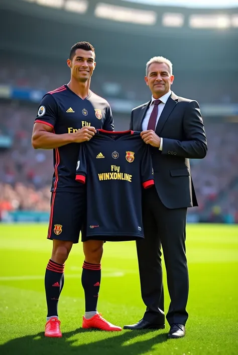 Cristiano Ronaldo and a rich man, Al-Nasr. While holding a jersey, write WınxOnline on the jersey. The man is standing on the grass field. In the background is a stadium with blurred seats and other people. The lighting is bright.