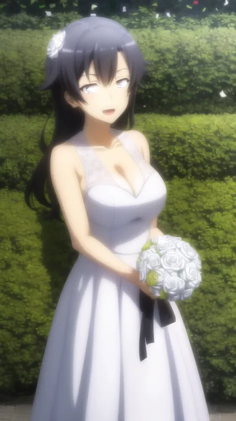 masterpiece, best quality, girl, solo, looking at viewer, hachiman hikigaya, black hair, black eyes, large breasts, wedding Dress, standing, garden, confetti, holding bouquet, smile, open mouth,