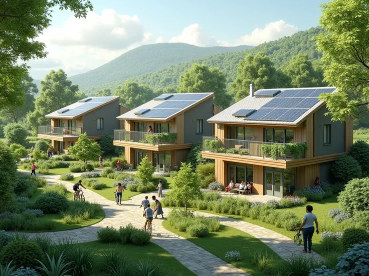 Generate an image of "Green Homes and Sustainability" Professionally in realistic image with houses and realistic people