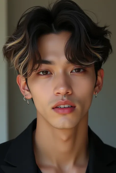  he is a man with a mix of Latin and Korean ,  hair a little wavy and dark with blond details ,  he reaches his dark brown eyes .  He has a piercing in his eyebrows and several in his ears ,  one on his tongue and a big smile with holes in his cheeks.  His...