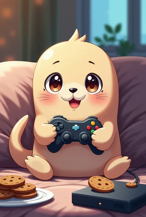 Create an anime-like character a seal playing PlayStation, While eating cookies  