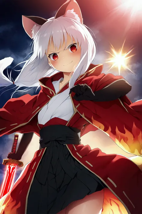 torii　Shrine maiden　Nine-Tailed Fox　(Cats ears:1.3),(Sky Eyes 1.3),(Face Focus:1.3), (angry, Smile:1.3),(Gentle face:1.3),(long white hair:1.3), hair messy, Red Eyes,red eyes,Red Eyes(Eyes are red:1.3), (perfectly detailed eyes:1.3),Dynamic Angle,Black kim...