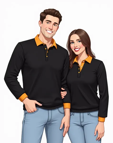 2 people,  a white American man and woman wearing the same business polo shirt, above the pants, Polo the middle of the top light blue,  and the other half of the bottom yellow , with light blue sleeves ,  with black shirt collar , with 2 black buttons ,  ...