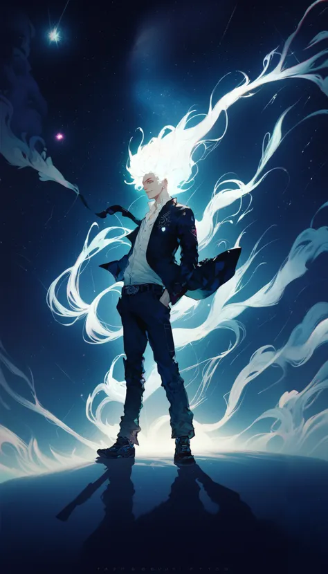 A heroic figure with flowing white energy erupting skyward, their silhouette sharp against a starry expanse, wearing modern casual clothes, illuminated by cosmic light, surreal, vibrant, high detail, (tattos), (boy), (white glowing hair) 