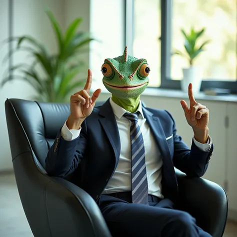  A comedic looking chameleon , (live action) executive dress ,  sits in a modern chair in an office .  He smiles looking at the camera and making a positive sign. Its a modern room , Very bright .  Daylight goes through the glass window . realistic photogr...