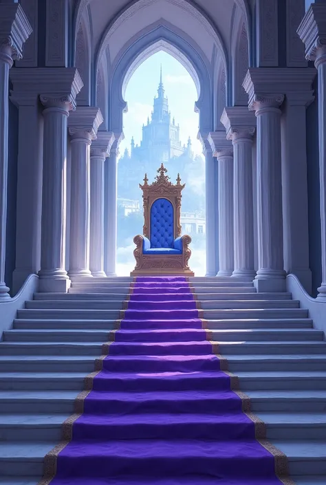  Create an image imagining a grand staircase ,  with a bluish purple carpet . In the end, a throne, cheio de brilliance e beleza. on top,  a writing that reads  "Throne of Sidion ".  This throne has a view of a white and bluish purple city - a university. ...