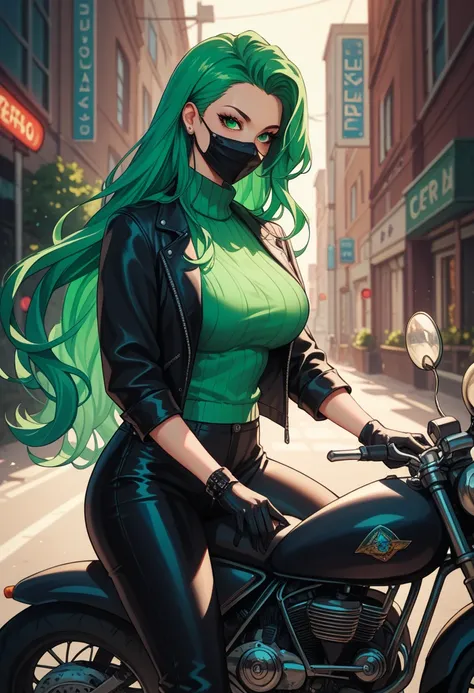 Score_9,Score_8_up,Score_7_up, Score_6_up,  source _anime, 1mature_FE, only 1 woman,  neon green hair , very long hair ,  green eyes,  black jacket ,  Apollo green sweater,  Long sweater ,black face mask,  black leather pants,  black gloves,  riding a moto...