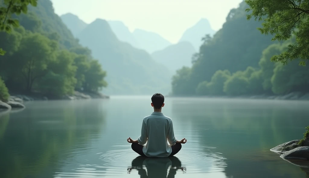  Image of a person sitting on the edge of a tranquil lake with their eyes closed and a serene expression,  as if meditating or praying . 4k realic  . HDR 