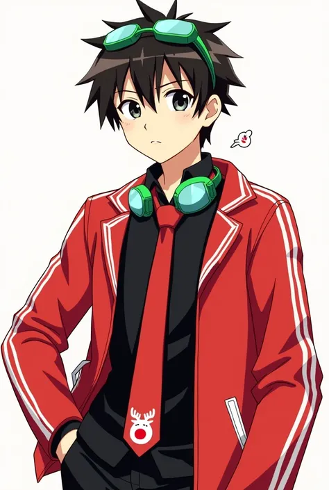 Shinichi Sakurai wearing a black shirt and red jacket with white lines on each sleeve of his hands and green swimming goggles with white visors hanging around his neck and a red tie with a reindeer with a red nose in the middle 