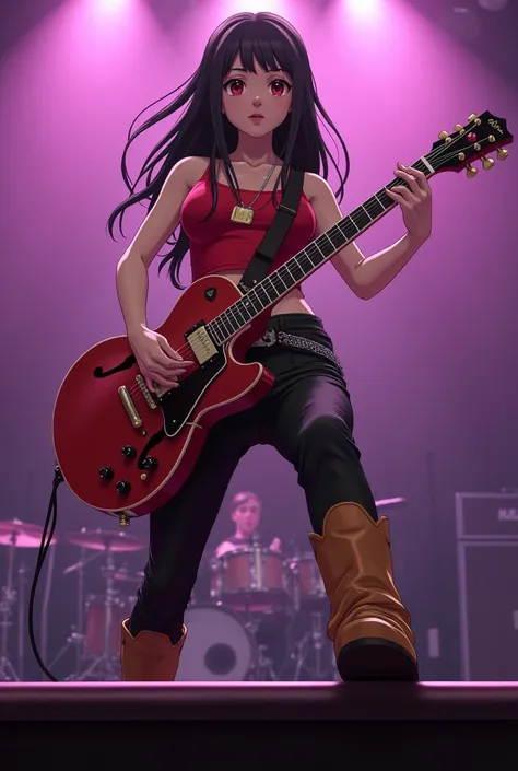 An anime-style screenshot of a young woman with long jet black hair and scarlet red eyes. She is wearing a crimson red tank top, a dogtag necklace, black leather pants held by a stud belt, and tan brown leather cowboy boots. The image is drawn in a Japanes...