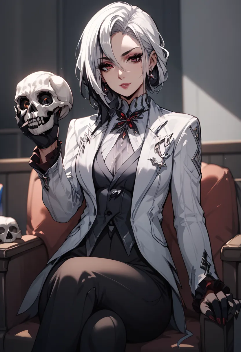 sitting, office lady, holding skull