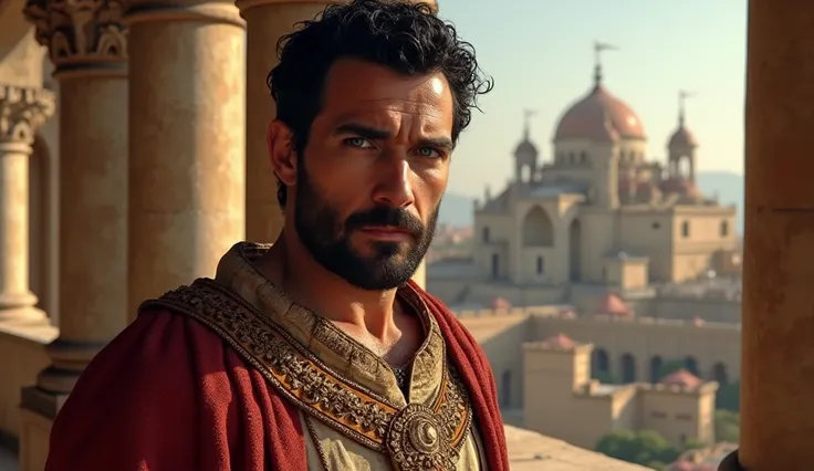 REALISTIC IMAGE: KING SOLOMON, HANDSOME BLUE-EYED, SHORT BLACK HAIR ON THE BALCONY OF HIS CASTLE, FOCUSING ON HIS FACE 