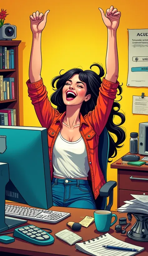 comic book art style woman sitting at desk on computer happy with arms in the air