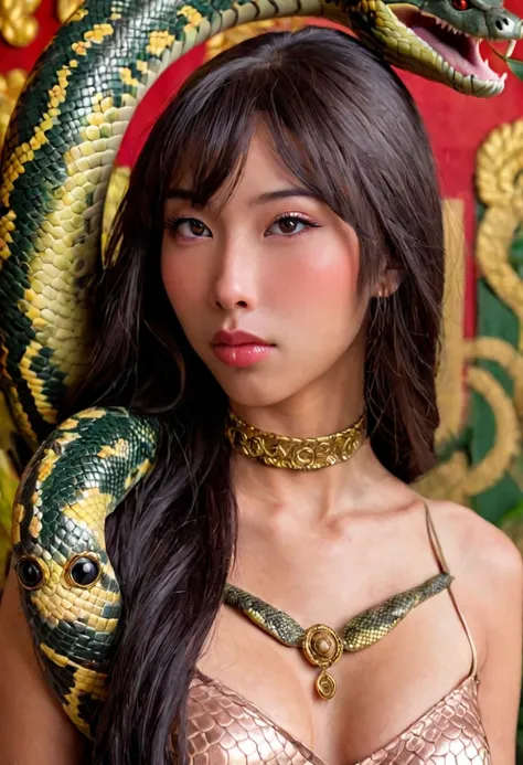 A cute woman (some serpentine features like patches of scales, large snake eyes, flicking tongue), role of a half snake Naga, sexy body jewelry), sultry approach to viewer in ancient fertility shrine