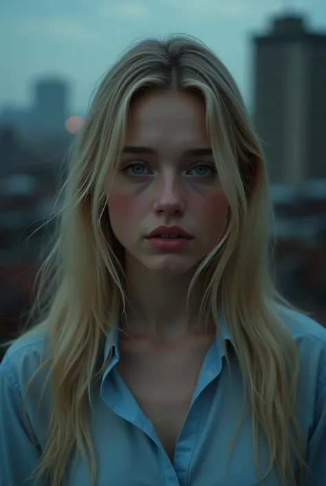 (photorealism:1.2), Beautiful 23 year old blonde girl with blue eyes, crying, long straight hair, wearing light blue blouse, background of buildings without light, realistic image, real photo