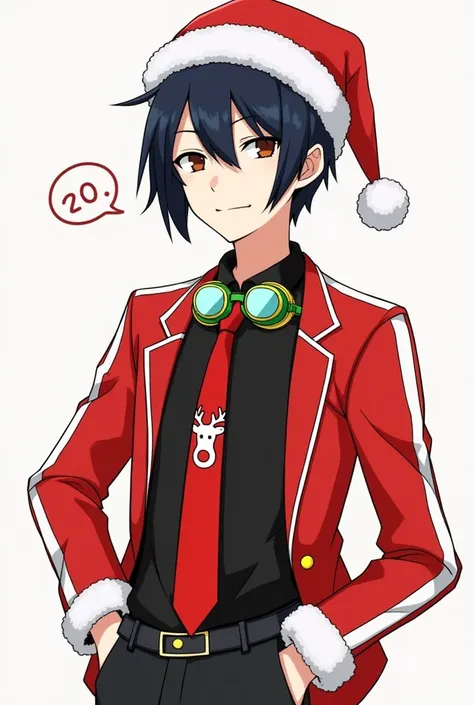 Shinichi Sakurai wearing a black shirt and red jacket with white lines on each sleeve of his hands and green swimming goggles with white visors hanging around his neck and a red tie with a reindeer with a red nose in the middle and a Christmas hat 