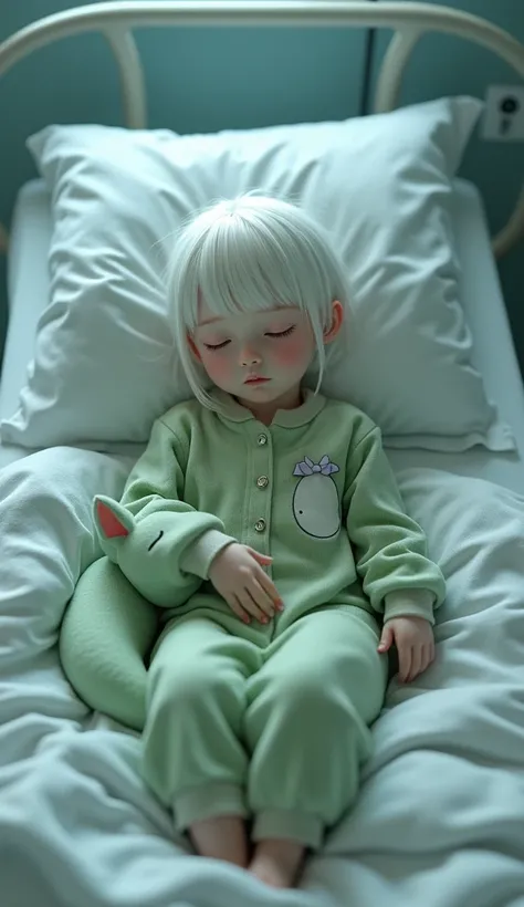  1 girl,  Grown Ups, short hair,White Hair,White Eyes, hospital bed ,sleep, closed eyes,Baggy clothes,Height 134 cm, pajamas with tail , costume pajamas , Holding a Plush Toy ,plush fox , green plush