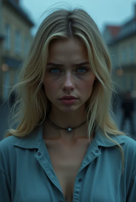 (photorealism:1.2), Beautiful 23 year old blonde girl with blue eyes, crying, long straight hair, wearing light blue blouse, background of buildings without light, realistic image, real photo