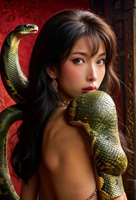 A cute woman (some serpentine features like patches of scales, large snake eyes, flicking tongue), role of a half snake Naga, sexy body jewelry), sultry approach to viewer in ancient fertility shrine
