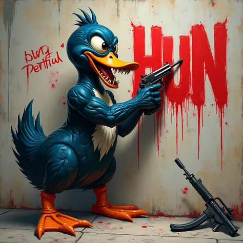 Duck as graffiti man writting HUN on the wall, venom face, war, gun