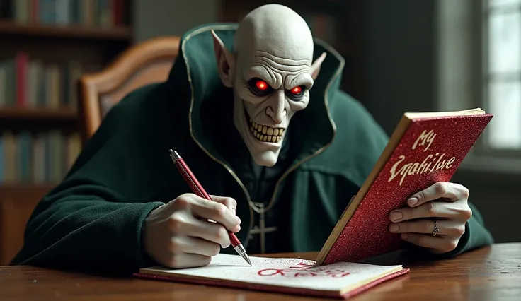  A comical vision of Voldemort holding a journal decorated with glitter and the words My Magical Gratitude, while trying to write something with a pen , but it seems uncomfortable with the idea ."