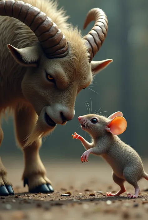 Create an ultra realistic image of a mouse staring at a goat, Theyre both mad .  make them with their bodies showing