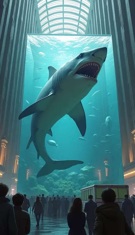 3d illustration,  A giant shark whose skin color resembled a costume  "Captain America",  he was in a huge glass aquarium being transported in a walking trailer, surrounded by the back ground of a magnificent multi-storey building. Many people saw  