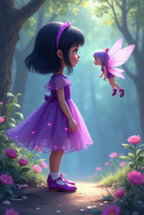 black-haired girl in a purple dress with hearts and with purple and pink shoes watching a fairy