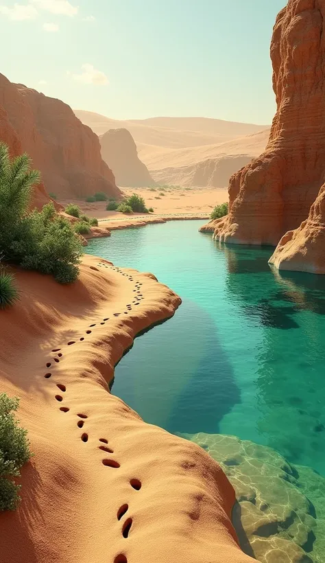 A path through an arid desert with firm footprints leading to a source of crystal clear water in ultra realistic 8k image