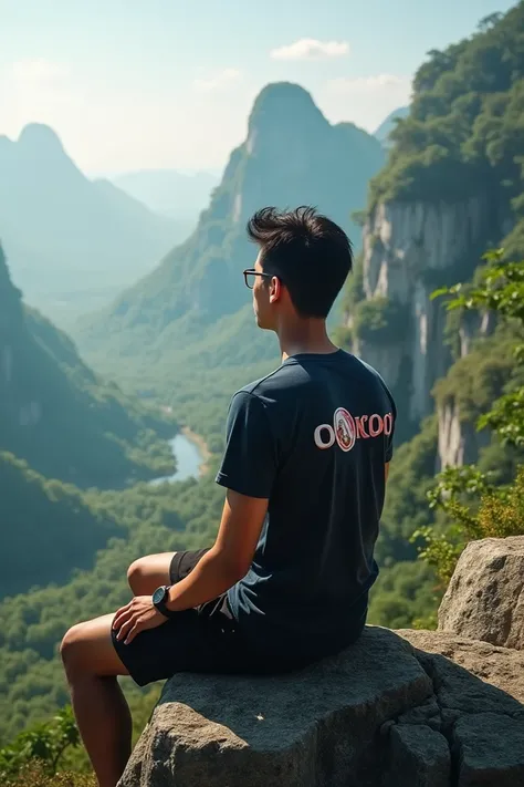 a young Indonesian man sitting on a rock at the edge of a cliff high in a beautiful nature reserve T-shirt with Oncom logo wearing a watch 