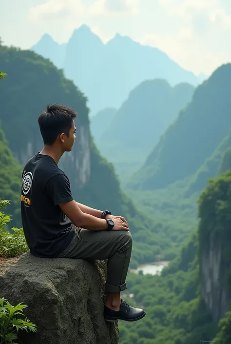 a young Indonesian man sitting on a rock at the edge of a cliff high in a beautiful nature reserve T-shirt with Oncom logo wearing a watch 