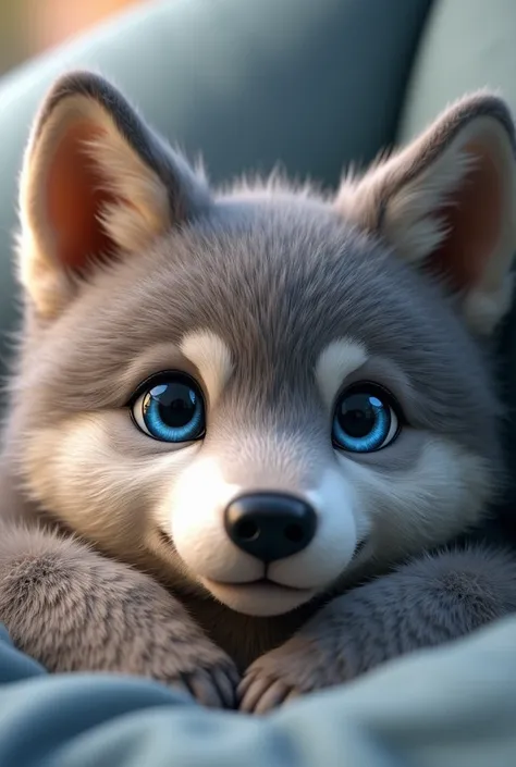 Cuddly wolf face with blue eyes