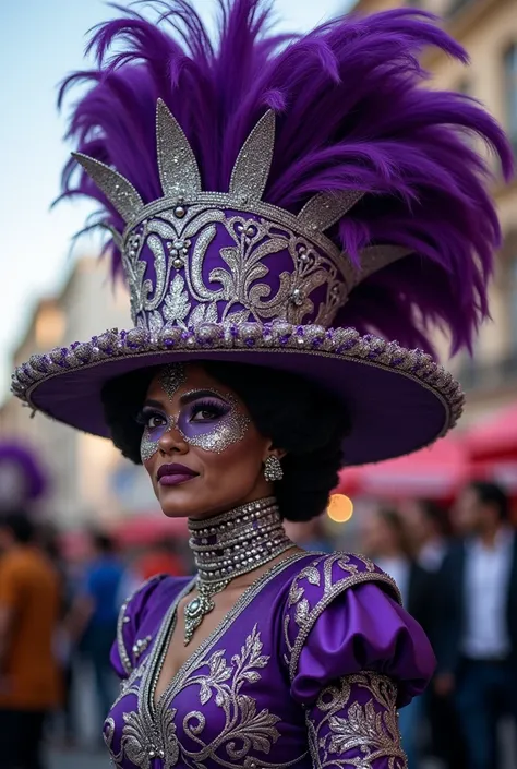 Make a hat for a murga that is tall, big,  with fabric materials purple and silver glitter papers 