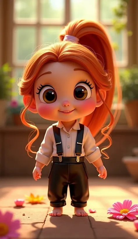 Disney Pixar style character Rapunzel baby with red hair and ponytail with shiny black pants and white blouse