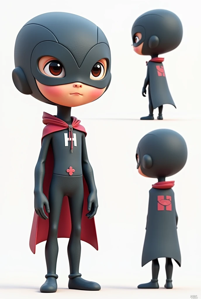  Generate a character for a 2D game on the Disney Pixar model.  The color palette of the dolls will be gray , blue,  white and red . The doll will have a cape and a mask that covers only the eye , Like a hero ,  and on your clothes you will have written  "...