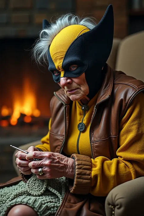 old lady crocheting wearing wolverine costume 