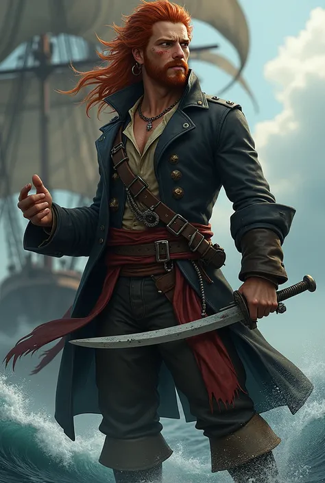 Red-haired pirate with freckles in mens pirate costume