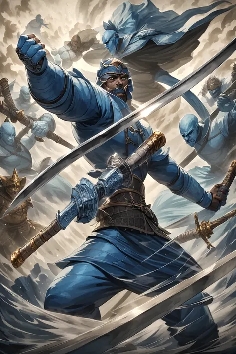 armor, swords, dual wielding, fighting pose, fantasy, genie, light blue skin, swordsman, dynamic pose, warrior wielding 2 swords in a fighting stance with a phantom clone behind him