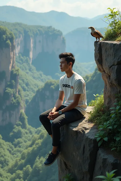 a young man with a handsome Indonesian face looking thin sitting on a rock edge at the end of a cliff high in a beautiful nature reserve T-shirt with Oncom logo Kanam hands wearing a watch and a bird eagle