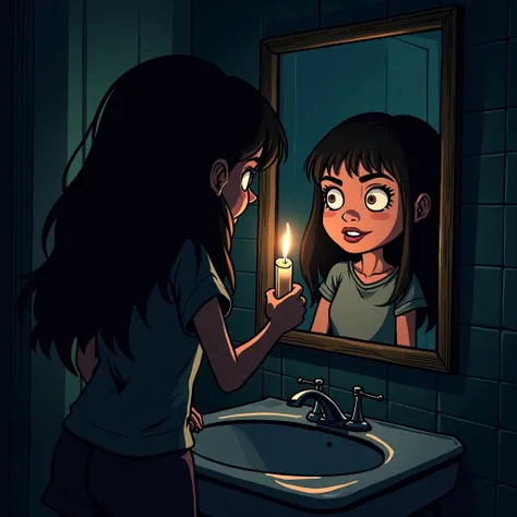 A cartoon-style image with comic book traits and a dark aesthetic, depicting a girl standing in a dark bathroom with the lights off, holding a candle and looking into the mirror. The flickering candlelight casts eerie shadows, and the scene is filled with ...