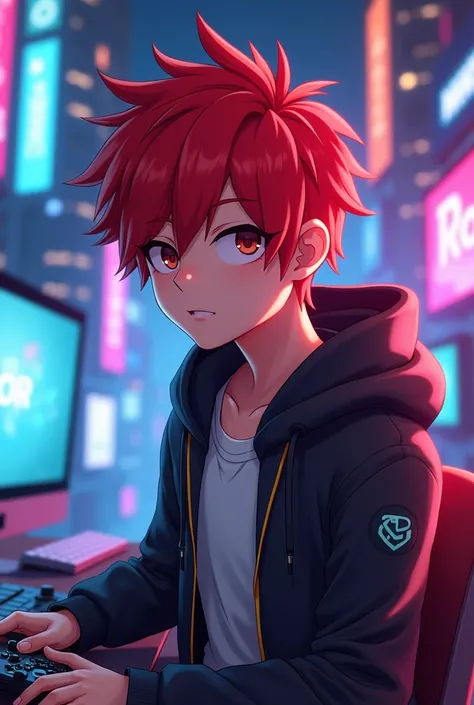 Create a profile picture with the name of Rett with a gamer background and animate it with a young male anime-like person with red hair