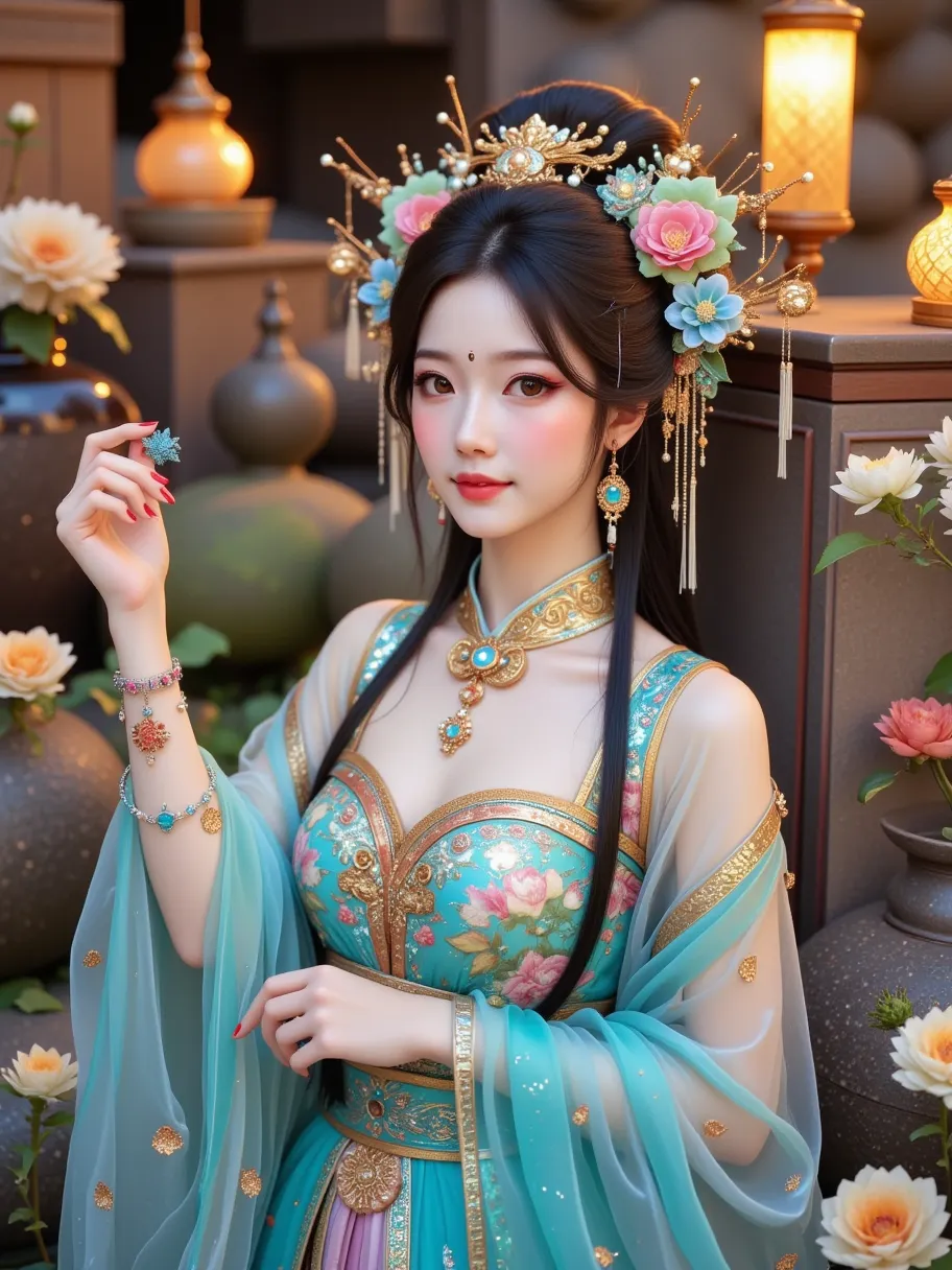 Portrait，Jingwei， The bird in ancient Chinese mythology ， is transformed into an ancient beauty ，Delicate facial features， with a smile，The head has a pattern ，White mouth，Red feet，, she wears a blue Hanfu in the color of the water system，Sleeves flutterin...