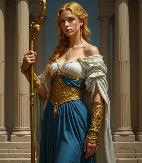 A painting done in the style of Raphael, very beautiful adult 34 years old woman, light skin, blue eyes, yellow wavy loose viking braid long hair, super booby, light muscles, long blue clothing, white long loose dress, golden arm protector in anti arm, gol...