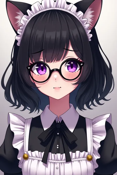 Zooey Deschanel, purple eyes, black round framed glasses, jet black hair, Miquote, maid outfit, cat ears