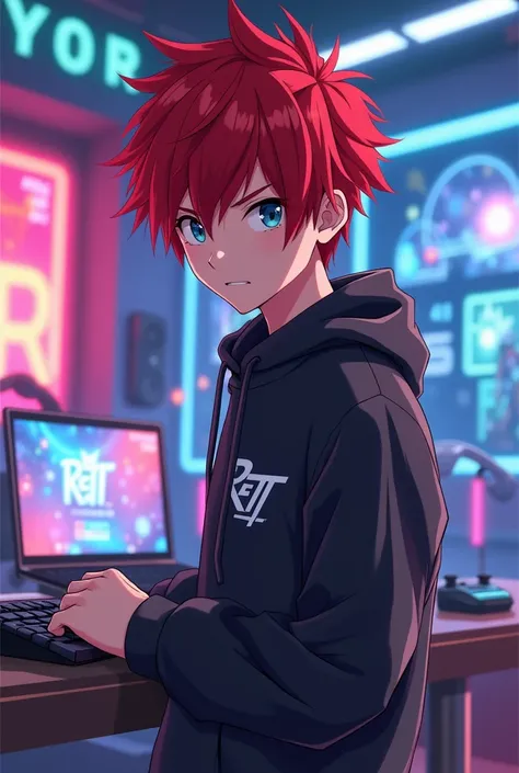 Create a profile picture with the name of Rett with a gamer background and animate it with a young male anime-like person with red hair